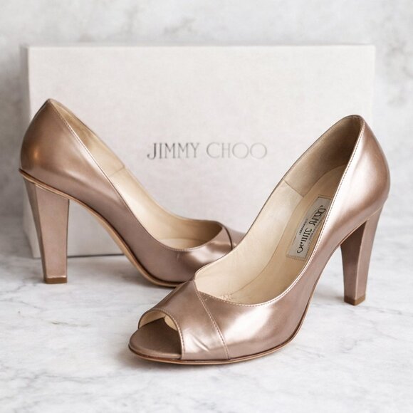 Jimmy Choo Shoes - Jimmy Choo Metallic Peep Toe Heels Champagne Block Heel Pumps Size 39
